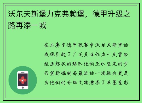 沃尔夫斯堡力克弗赖堡，德甲升级之路再添一城