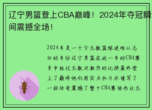 辽宁男篮登上CBA巅峰！2024年夺冠瞬间震撼全场！
